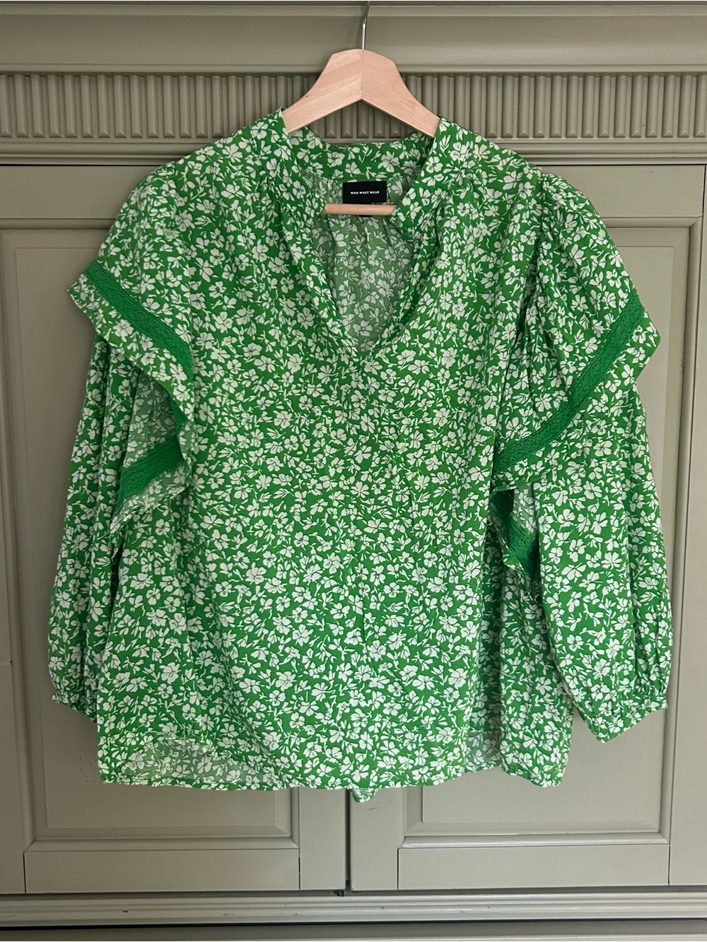 Green and White Floral Ruffle-Sleeve Blouse. Who What Wear.
